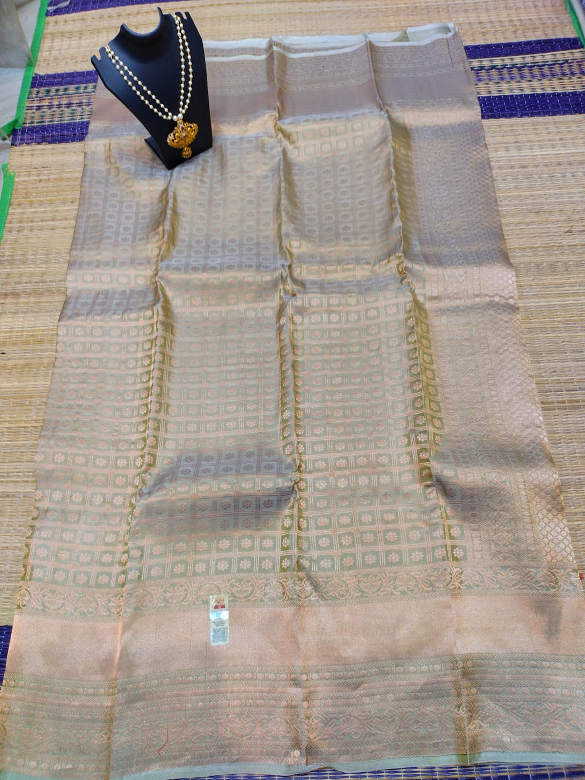 Kanjivaram softsilk saree bridal silk olive colour pure silver jari all over
