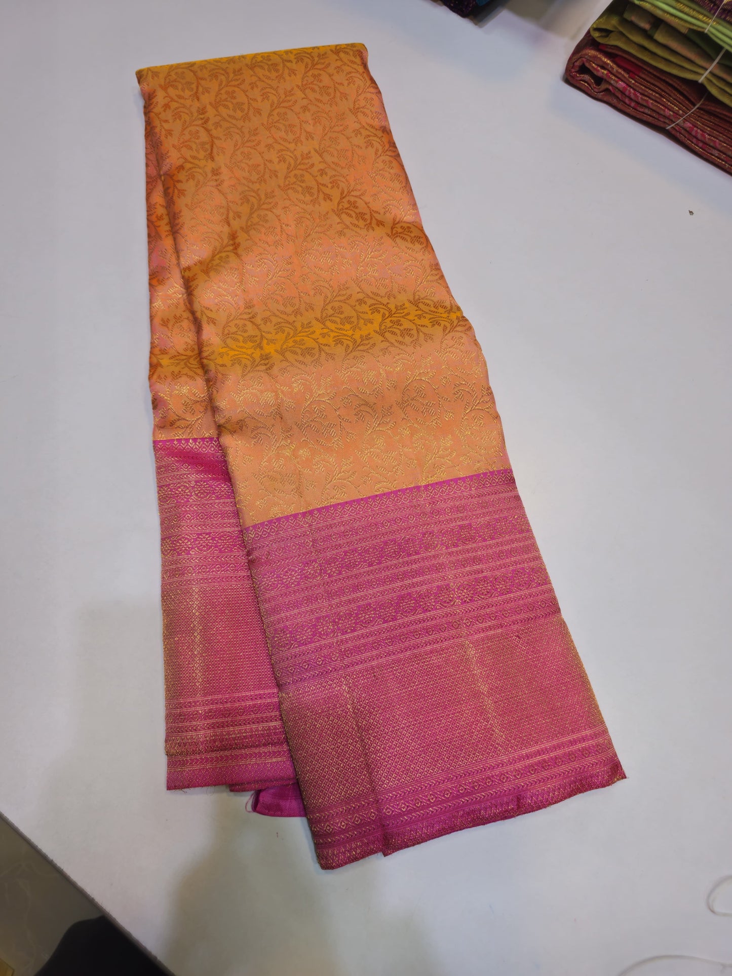 Handloom pure kanjivaram silk saree bridal silk golden color with orange with pink pure golden jari all over