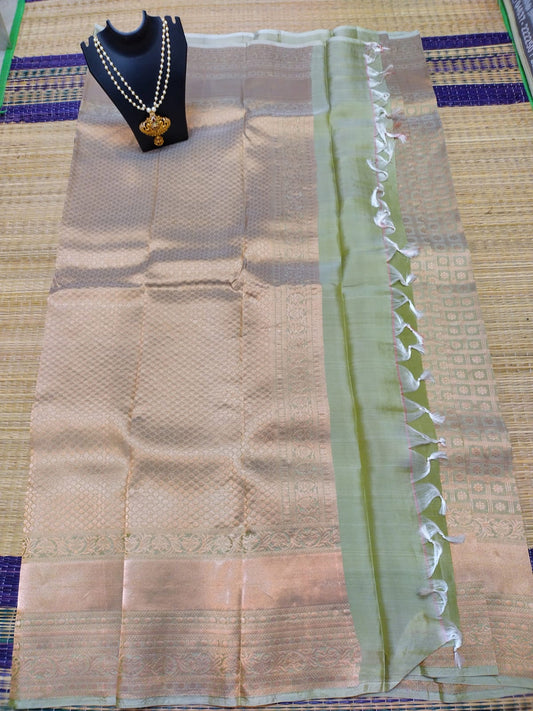 Kanjivaram softsilk saree bridal silk olive colour pure silver jari all over