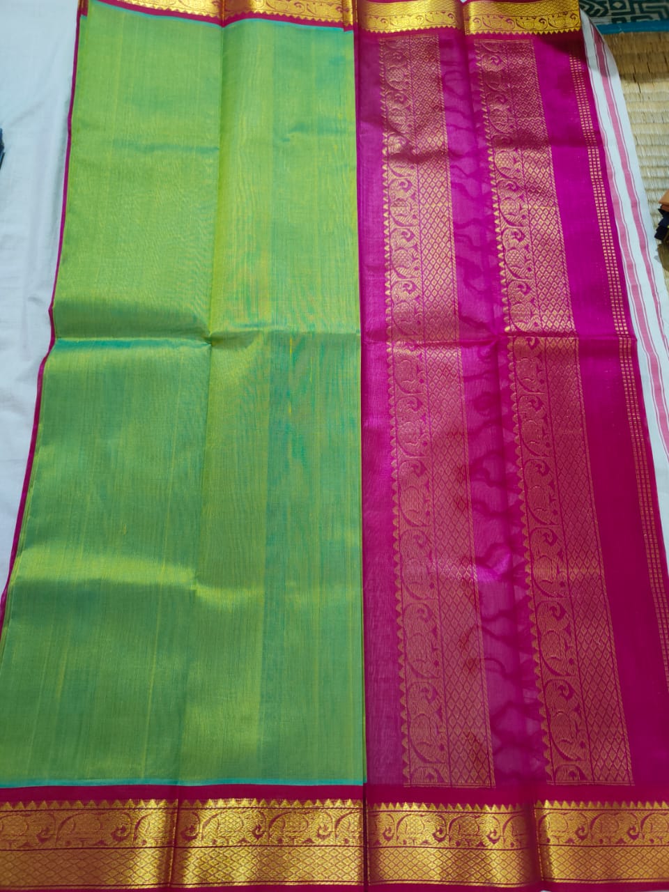 Korvai silk cotton Saree korvai border in green with cherry pink border