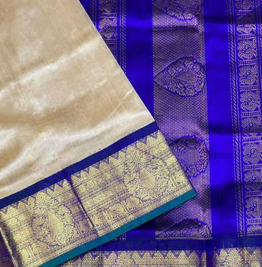 Korvai silk cotton Saree korvai border in cream with royal blueborder