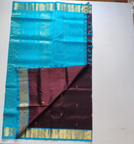 Handloom silk cotton Saree simple blue pallu with coffee