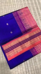 Korvai handloom silk cotton Saree in purple border with ms blue with peach