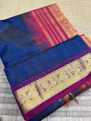 handloom silk cotton Saree red border with navy blue vairaoosi