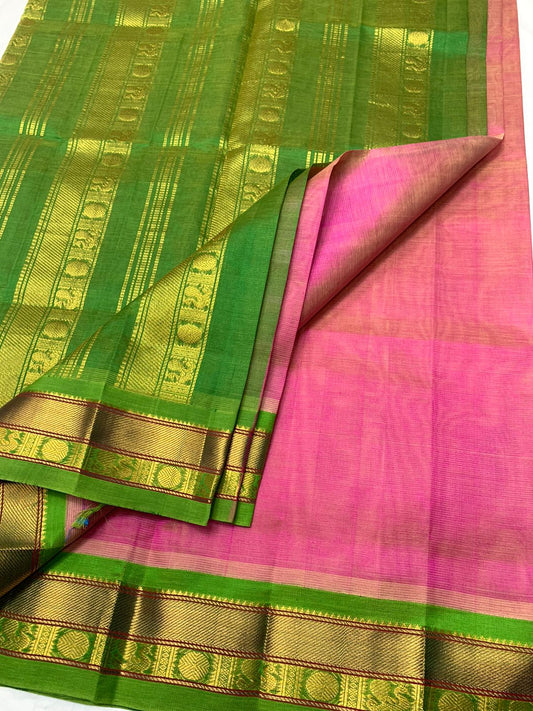 handloom korvai silk cotton Saree flushing pink with green saree with butti vairaoosi