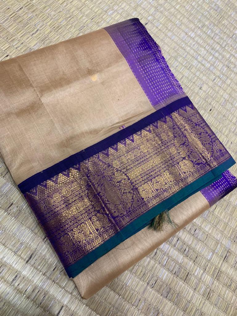 Korvai handloom silk cotton Saree in purple border with cream