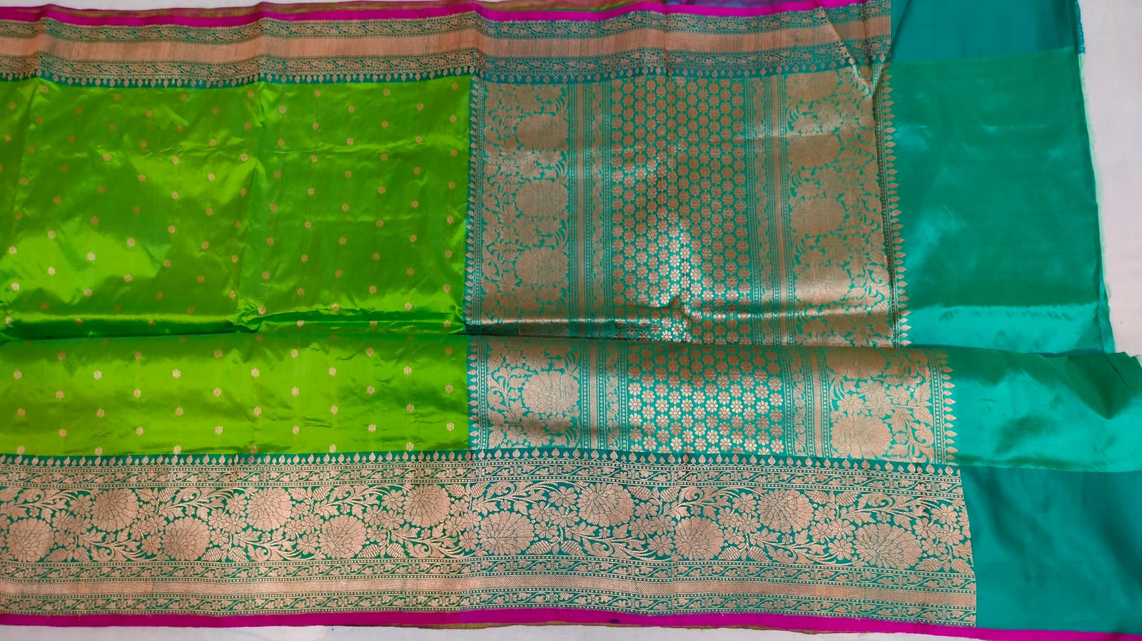 Beautiful tussar Banaras Kaduva butta  saree in apple green and leaf greem