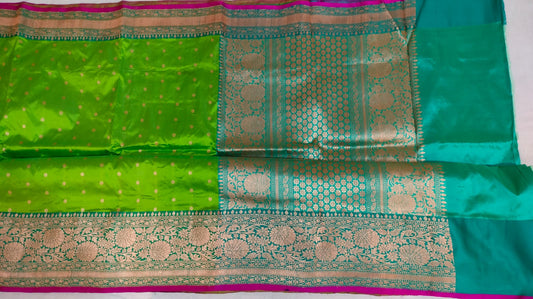Beautiful tussar Banaras Kaduva butta  saree in apple green and leaf greem