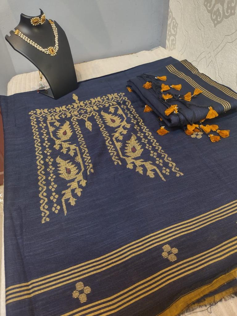 Jamudhani suite material in pure linen cotton elephant gray color with yellow tussle