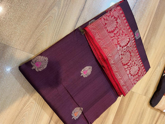 Tussar Banaras Kaduva butta saree in maroon with red with meenakari