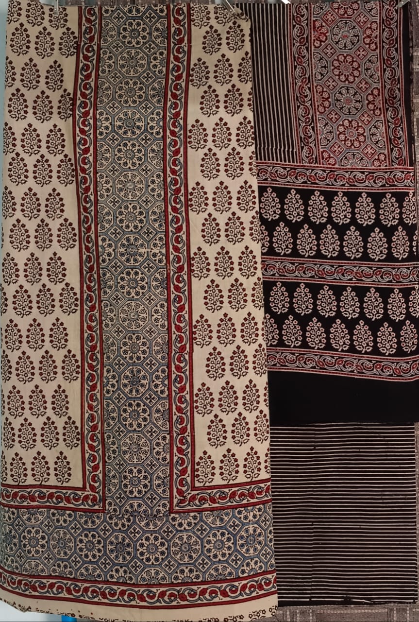 Ajrak suit two piece cotton material in cream and red and black combo 3 traditional block and authentic