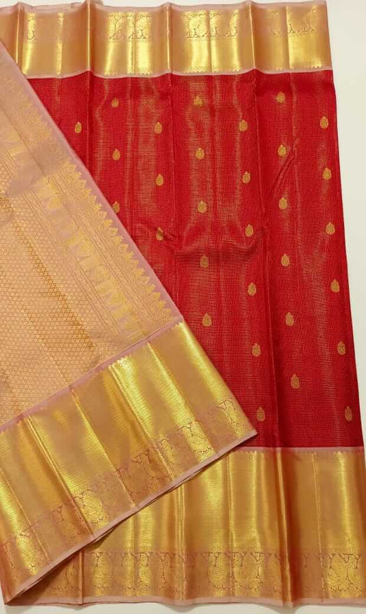 Handloom pure kanjivaram silk saree bridal silk golden color with orange chakaram butte pure golden jari all over jall