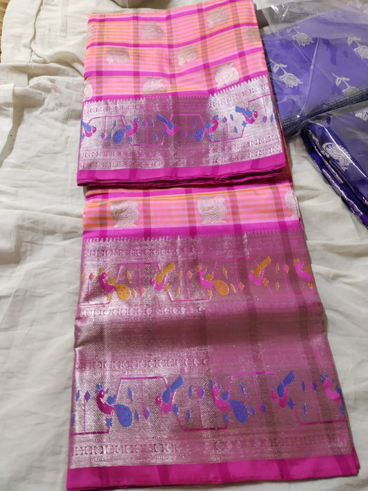Venkatagiri silk Saree in double tone pink with pithoni border