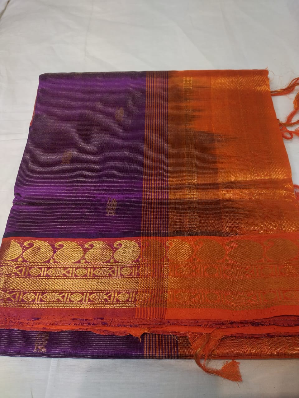 Vairaoosi silk cotton Saree dark purple with Orange border vairaoosi