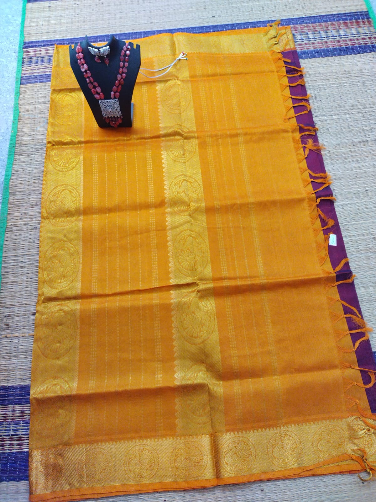 silk cotton pure cotton and silk mixed Saree maroon with yellow round butta