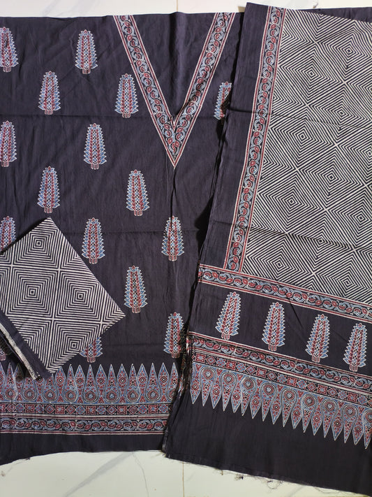 Ajrak suit two piece cotton material in cream and red and black combo 3 traditional block and authentic with taj cotton