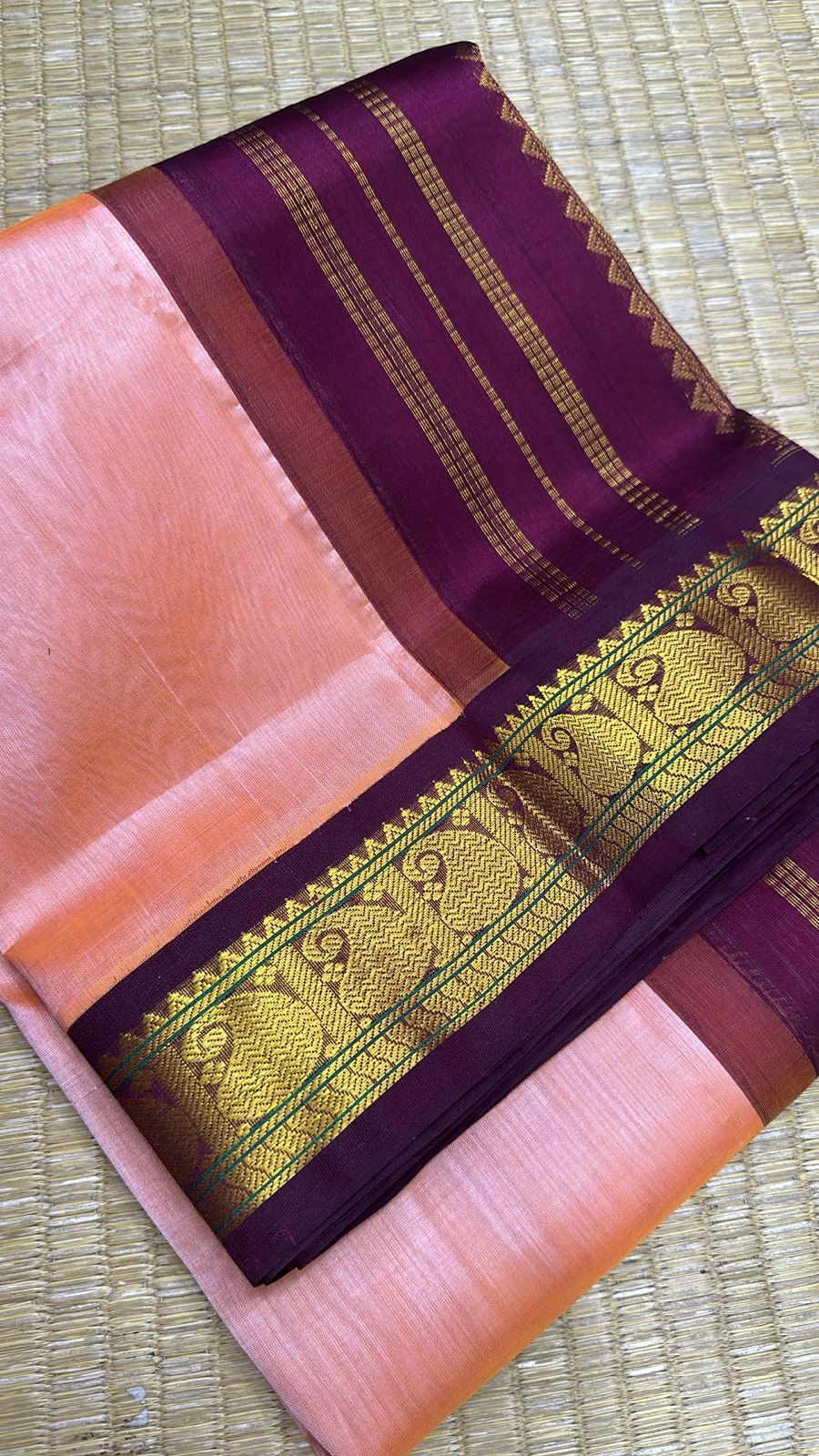 Korvai silk cotton Saree pink with maroon
