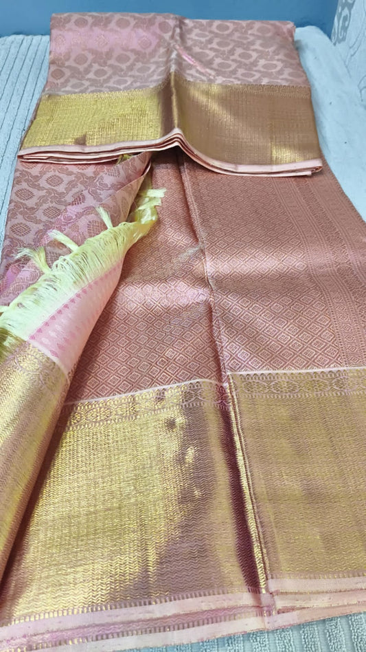 Pure kanjivaram silk saree  bridal silk pink  color with pure golden jari all over pink