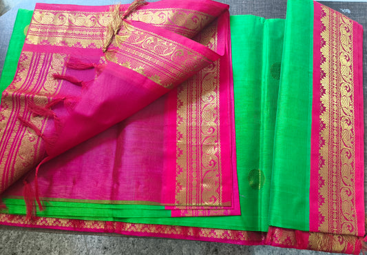 Korvai silk cotton Saree shocking pink with green body elephant butta
