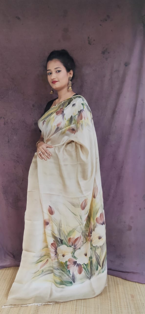 Hand painted water color pure silk Saree in light cream