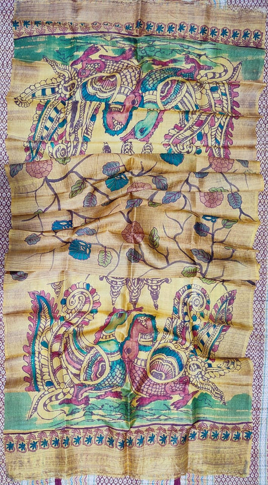 Pure Tussar dupatta in kalamkari pattern with peacock in yellow