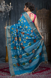 Hand painted Pen Kalamkari pure tussar Sari on blue forest flowers theme Saree mundi