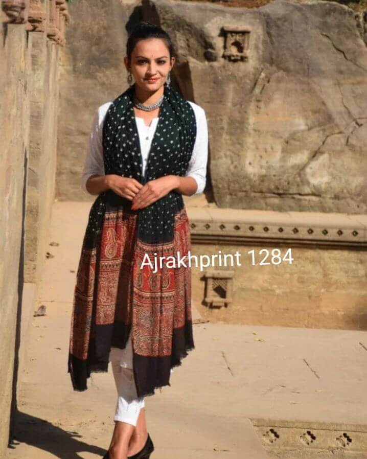 Ajrakh modal silk dupatta with bandhini in green