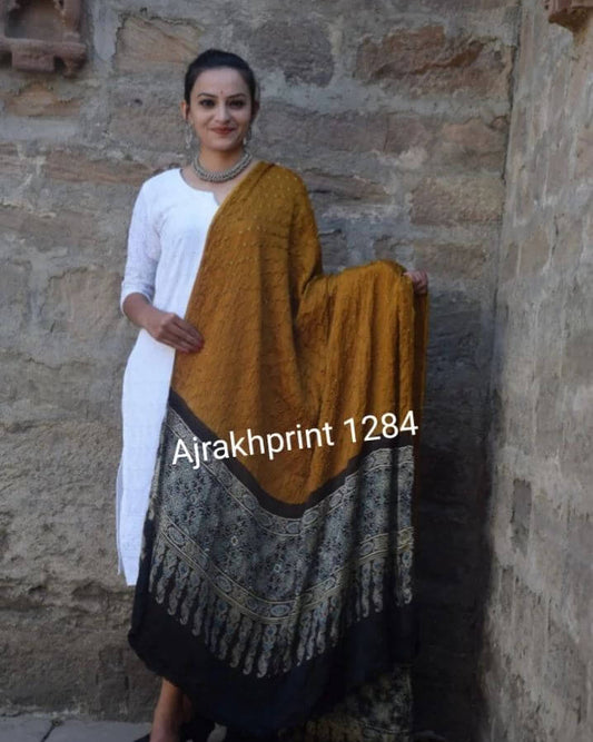Ajrakh natural dyed bandhini pure modal silk  dupatta in golden yellow