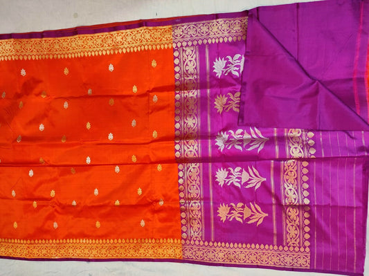 Pure Katan Banarasi in deep oranch body with pink Color Saree