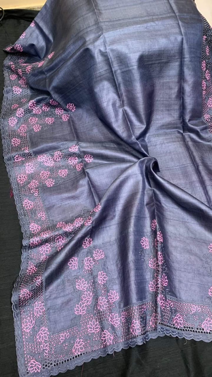 Desi tussar silk cut work(cutwork) embroidery in ash color