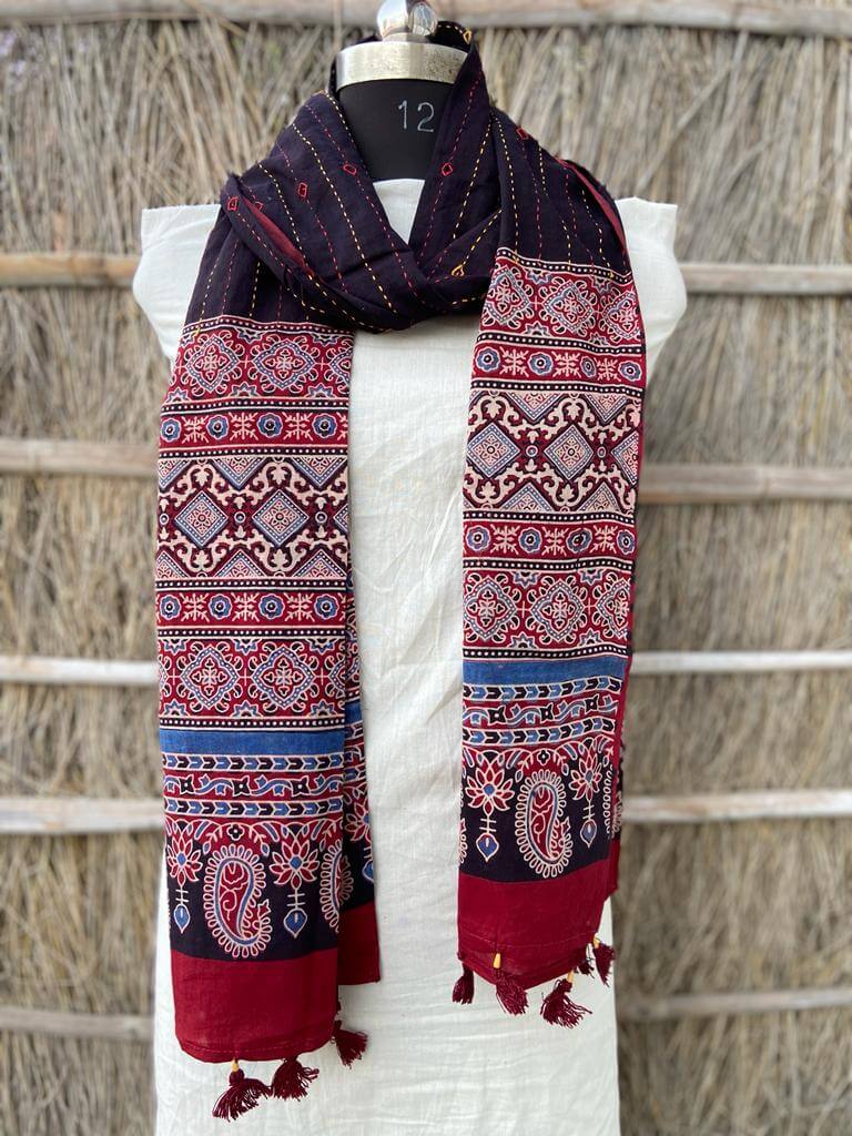 Ajrakh natural dyed pure cotton kantha stitch stole 2.1 metres black