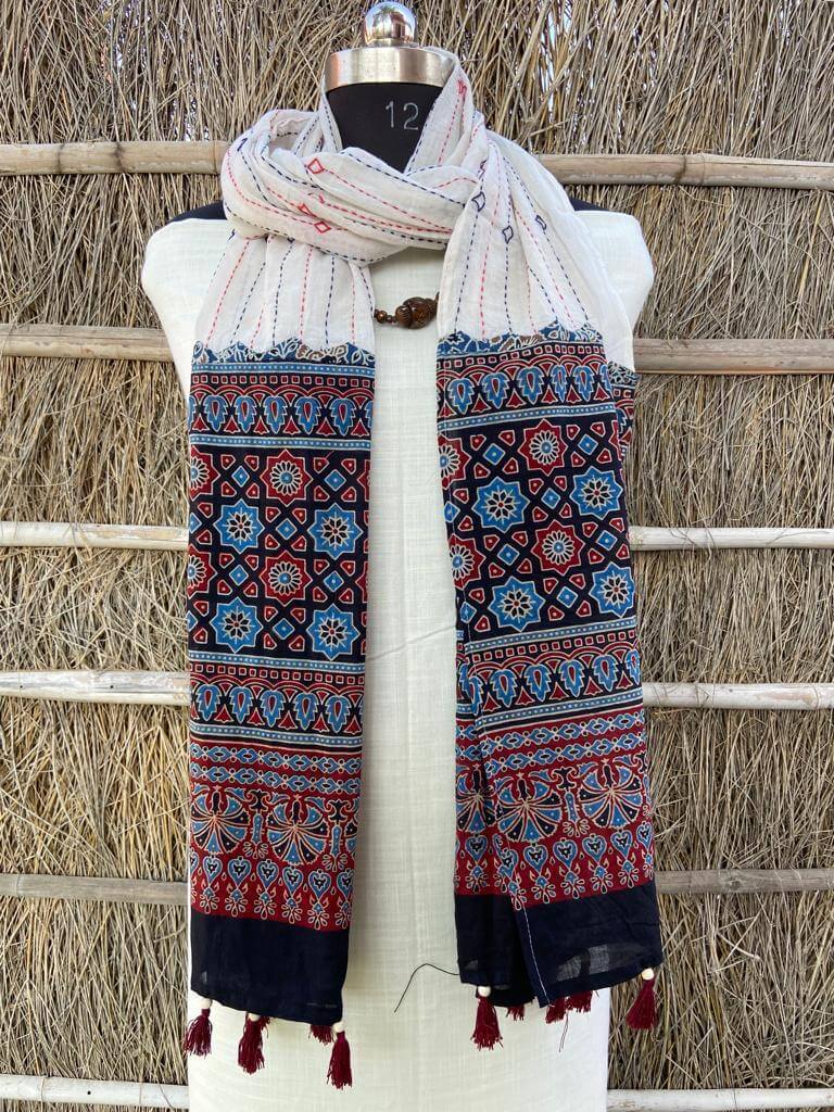 Ajrakh natural dyed pure cotton kantha stitch stole 2.1 metres