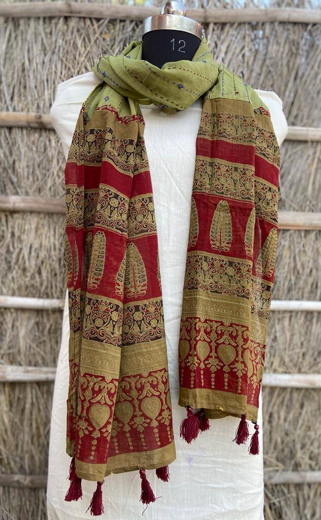 Ajrakh natural dyed pure cotton kantha stitch stole 2.1 metres