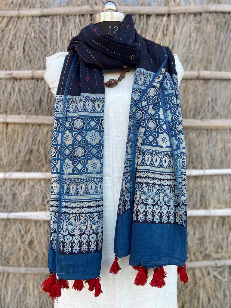 Ajrakh natural dyed pure cotton kantha stitch stole 2.1 metres in light blue