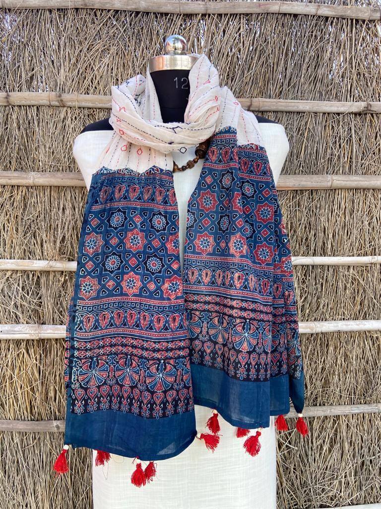 Ajrakh natural dyed pure cotton kantha stitch stole 2.1 metres cream with blue
