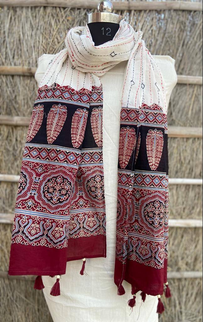 Ajrakh natural dyed pure cotton kantha stitch stole 2.1 metres