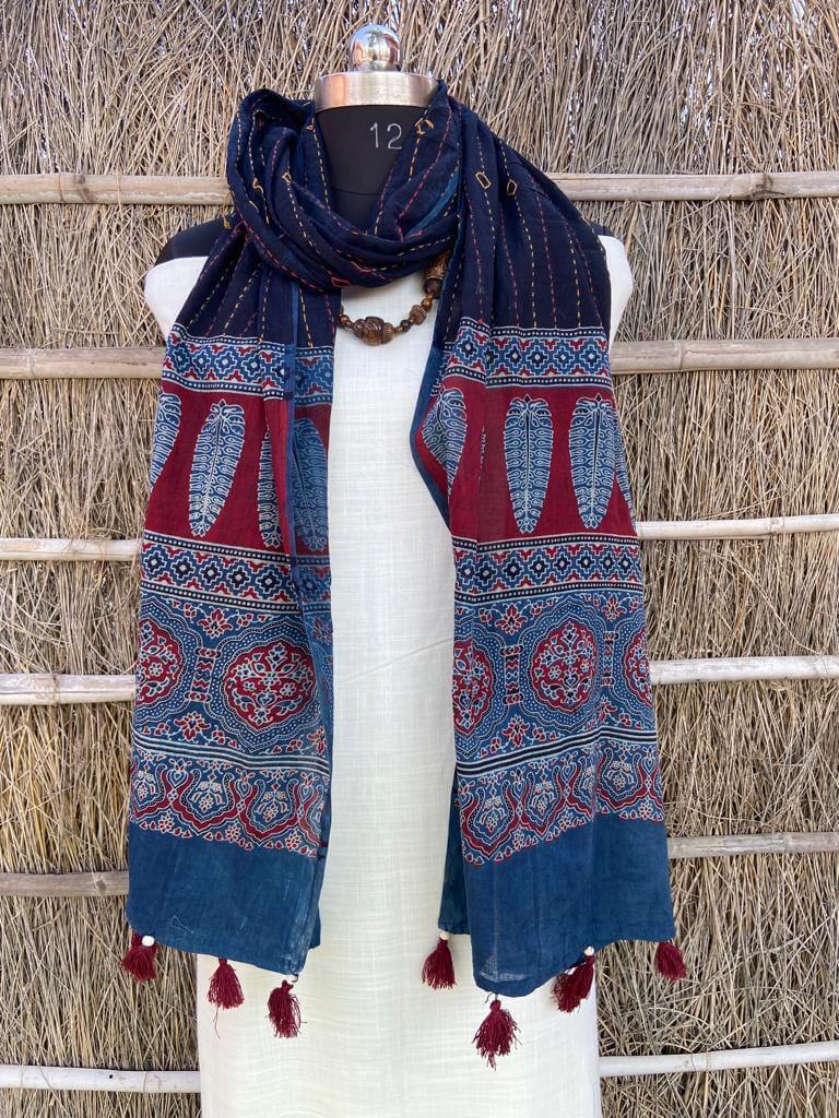 Ajrakh natural dyed pure cotton kantha stitch stole 2.1 metres navy blue