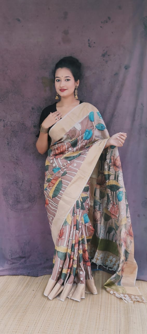 Tussar silk Hand painted Kalamkari using natural pastal brown with lotus theme story