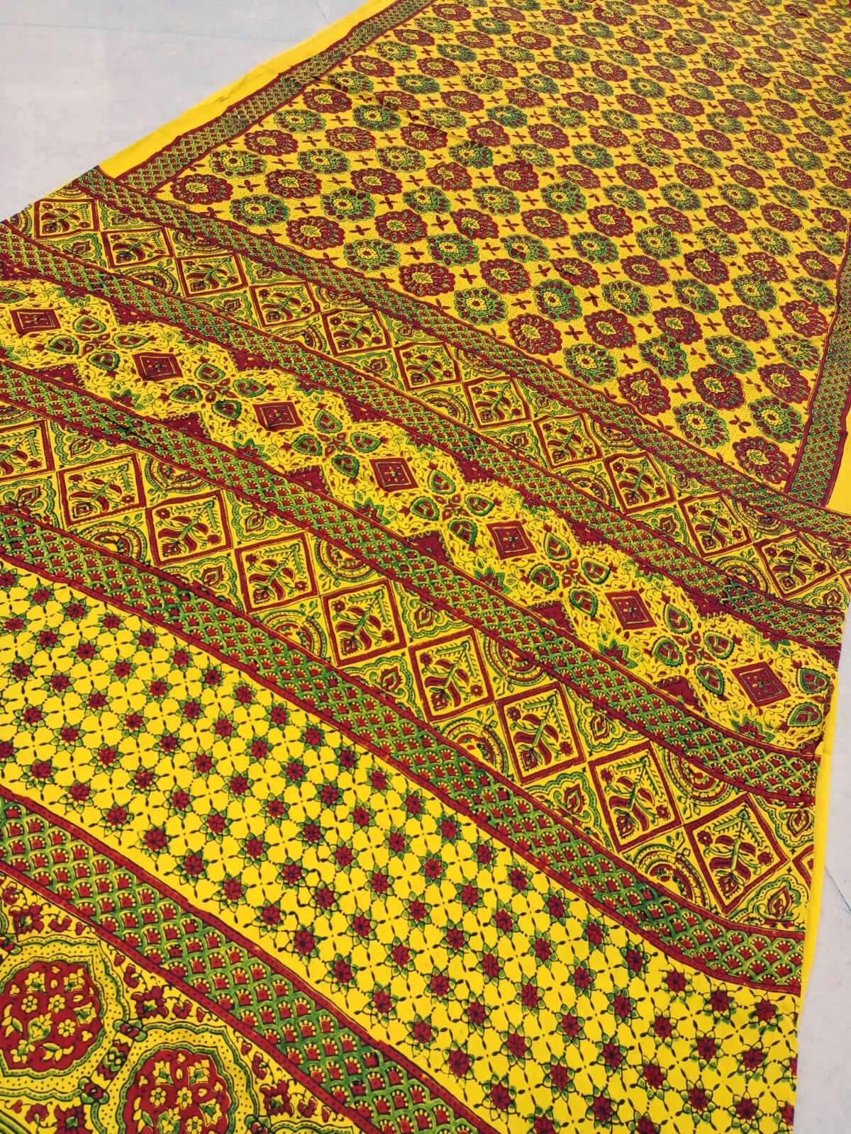 Ajrakh saree in natural dyed pure modal silk blocks in yellow