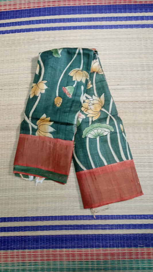 Hand painted Pen Kalamkari pure tussar Saree Lotus theme in green
