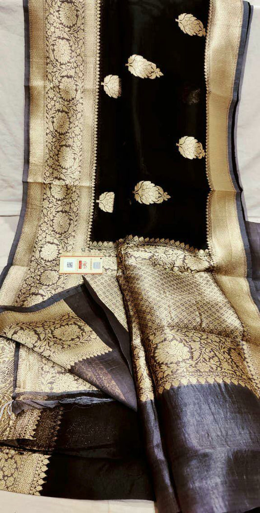 Kora Banarasi saree in kaduva butta handoven in black