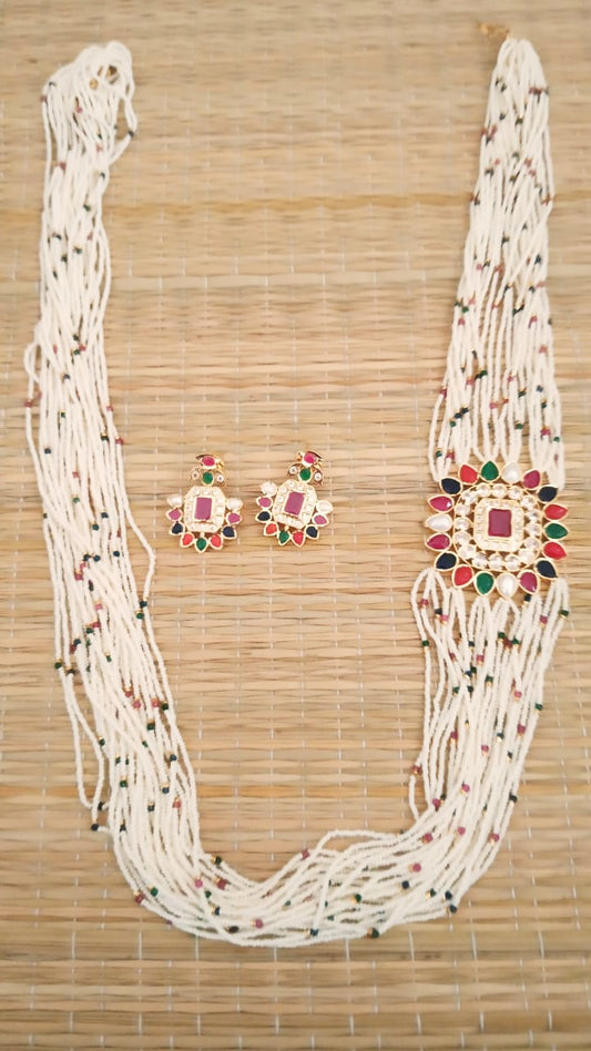 Jewellery white Crystal beads in Layers with navaratna style pendant and earrings  necklace with earrings