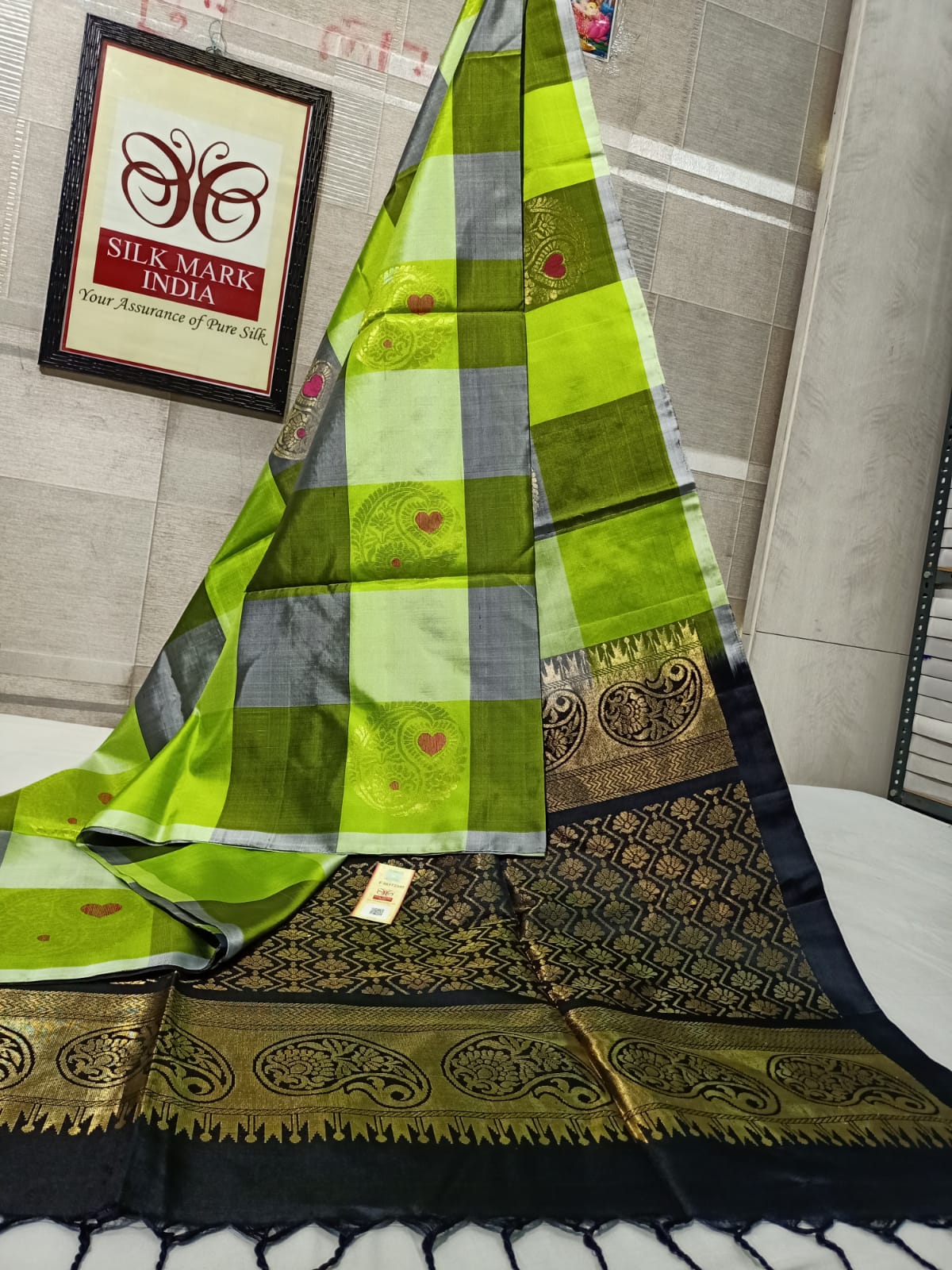 kanjivaram silk saree with double warp in borderless multiple colors palum palzamum kattam in green