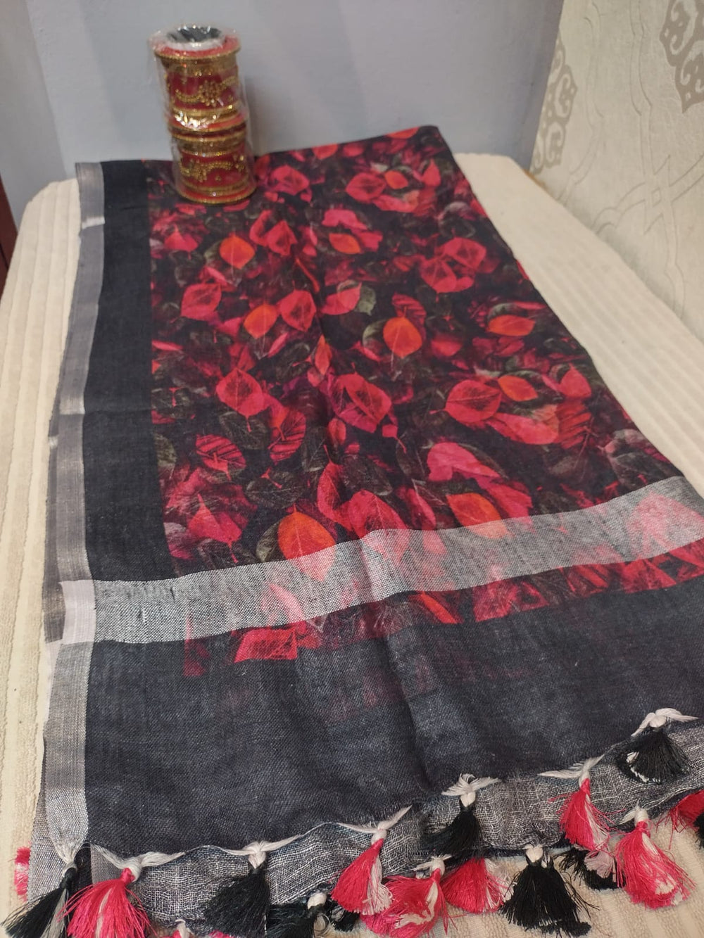 Digital printed pure Tussar Duppatta in purple with cream