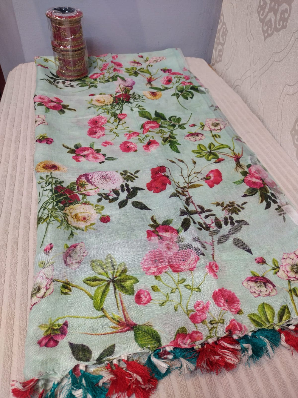 Digital printed pure Tussar Duppatta in purple with cream