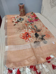 Digital printed pure Tussar Duppatta in purple with cream