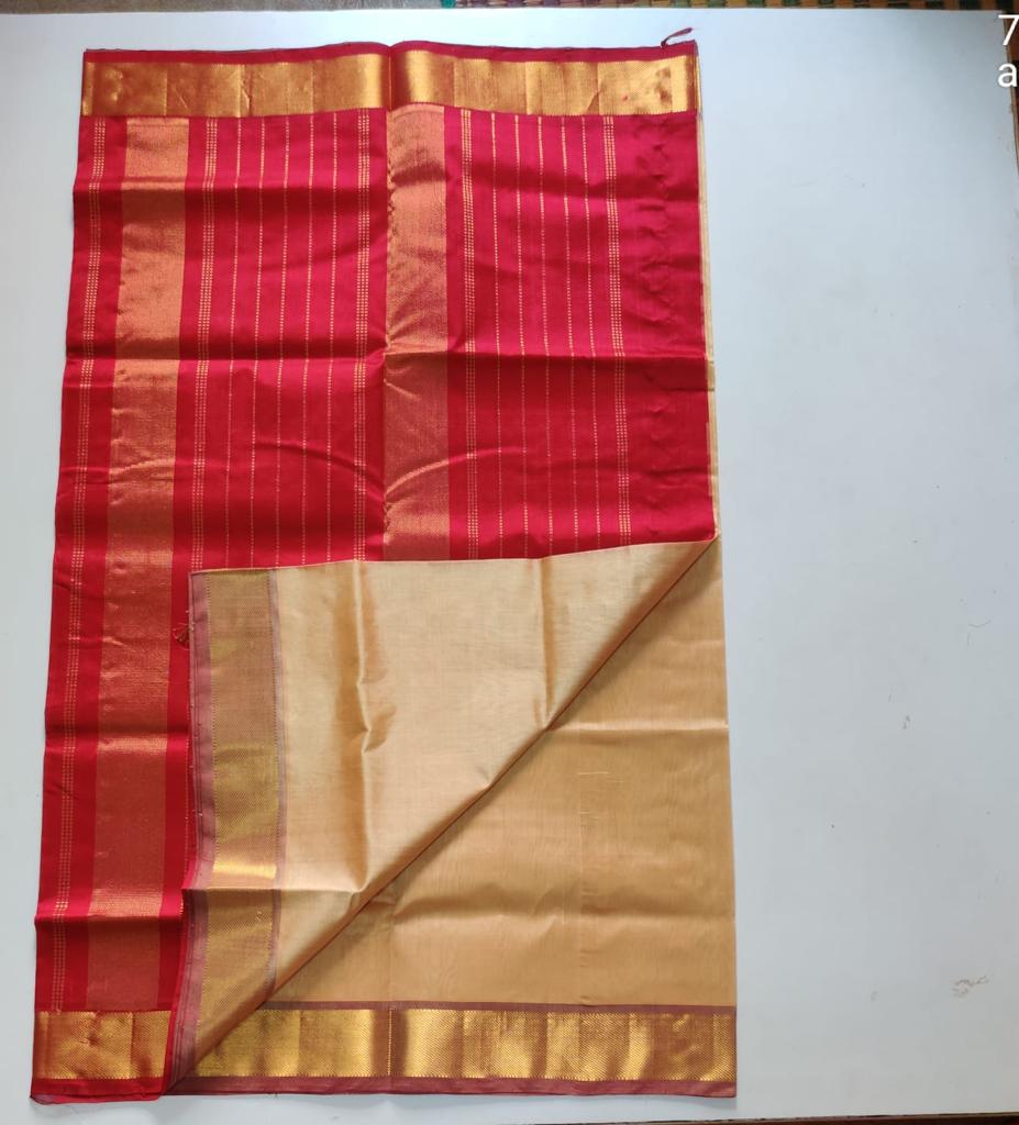 Handloom silk cotton Saree butti with cream and chilli red simple 