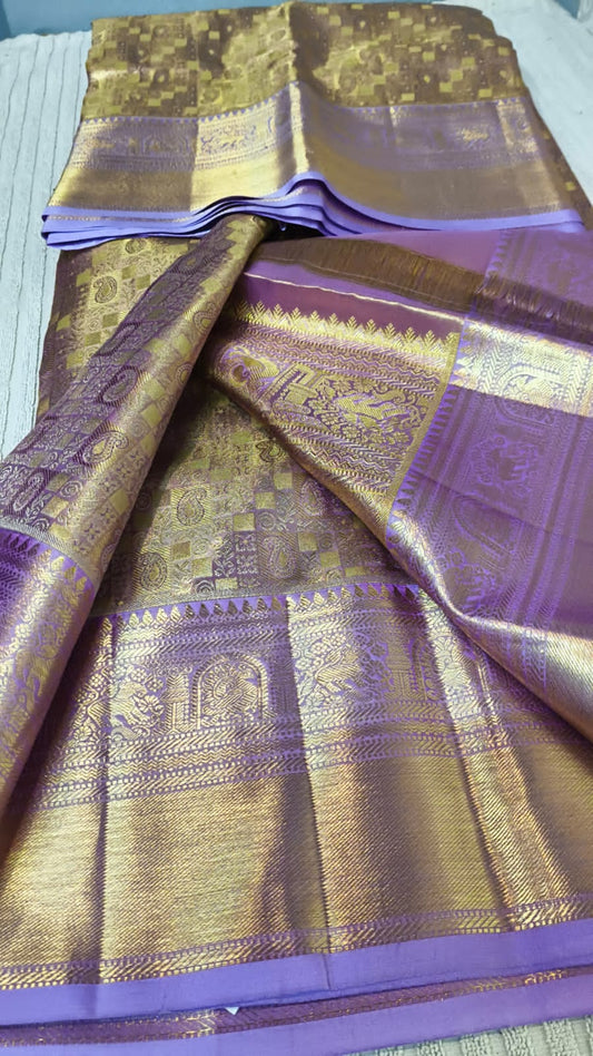 Handloom pure kanjivaram silk saree  bridal silk golden color with tissue all over pure golden jari all over violet border