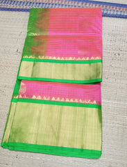 Korvai handloom silk cotton Saree korvai border in pink with green border