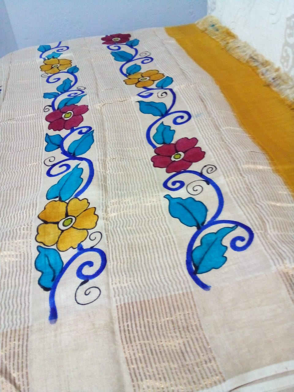 Blue Silk Hand Painted & Hand Embroidered Saree Set Design by MUKSWETA at  Pernia's Pop Up Shop 2024